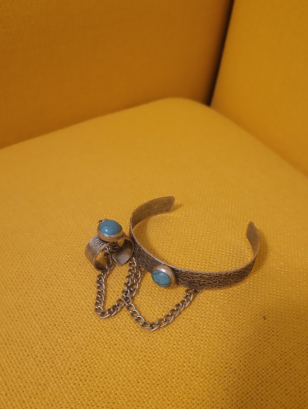 Turquoise Stone Silver-Tone Cuff Bracelet and Ring Set